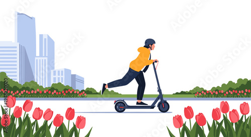 Man Riding Electric Scooter Outdoors.
