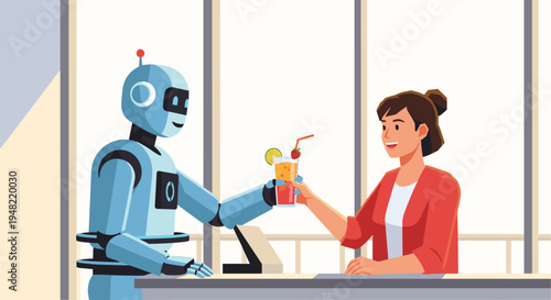 Robot serving drink to woman.