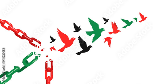 Birds breaking free from chain link.