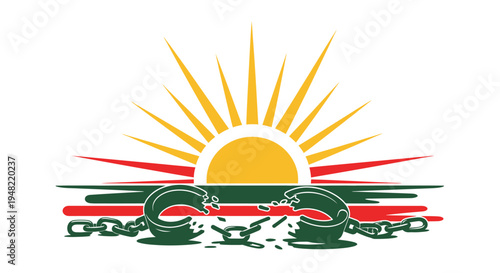 Sunrise over green hills landscape scene.