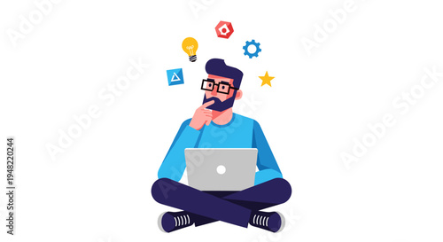 Man sitting with laptop thinking ideas.