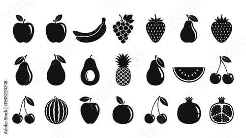 A comprehensive analysis of various fresh fruits in black and white silhouette illustrations for healthy eating and nutrition guidance