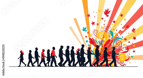 Silhouettes of people walking together.