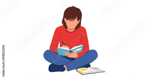 Woman sitting cross-legged reading book.