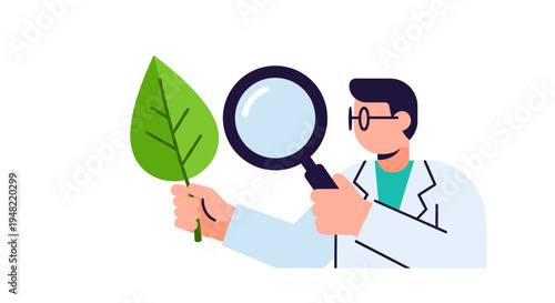 Scientist Examining Leaf with Magnifying Glass.