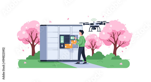 Man interacting with delivery robot.