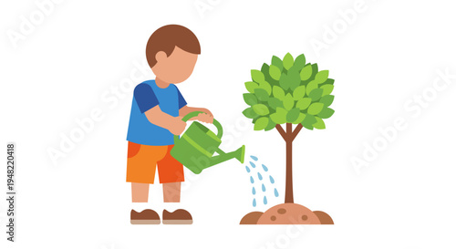 Boy watering young green tree.
