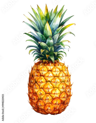 Vibrant yellow pineapple with green spiky leaves. Isolated transparent background