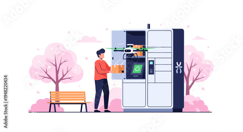 Man using food vending machine outdoors.