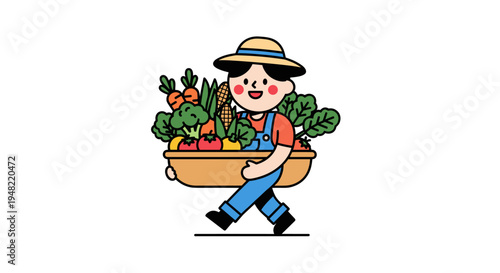 Smiling farmer carrying vegetable basket.
