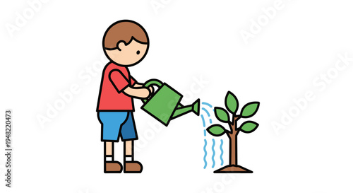 Boy Watering Small Green Plant.
