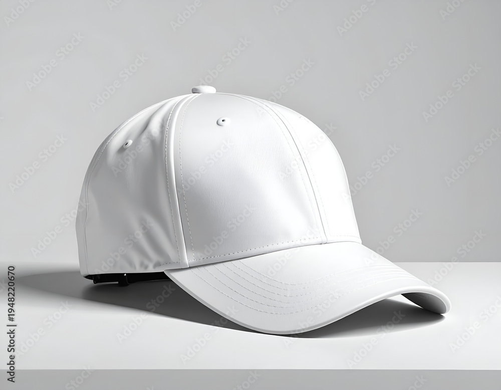 Fototapeta premium A blank white baseball cap sits on a clean white surface