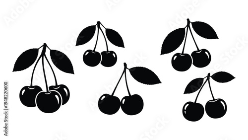 A detailed analysis of a stylized black and white illustration of cherries with leaves on a stem, showcasing a minimalist yet visually appealing representation of fruit and foliage