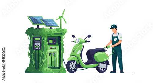 Man charging green electric scooter.