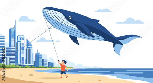 Boy flying large whale kite outdoors.