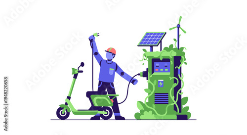 Man charging electric scooter outdoors.