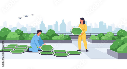 Two people arranging green roof tiles.