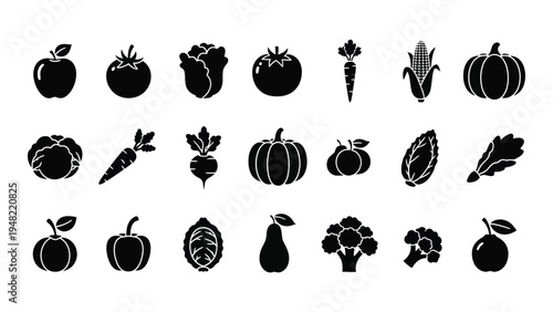 A comprehensive collection of black silhouette icons featuring various fruits and vegetables