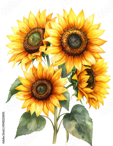Bright yellow sunflowers. Isolated transparent background