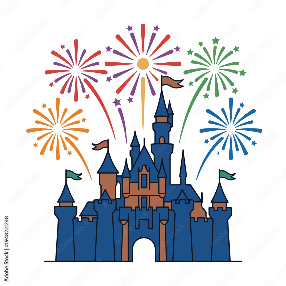 Fototapeta premium Colorful fireworks exploding above fantasy amusement park castle night celebration theme park concept