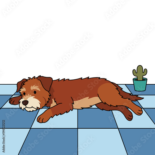 Cute brown dog lying on cool tile floor at home relaxing during hot summer day pet comfort concept