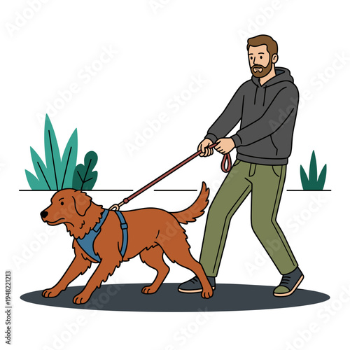 Man walking energetic dog pulling leash during outdoor walk active pet training concept