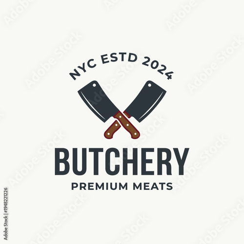 A logo design featuring crossed cleavers, emphasizing professionalism and quality within a meat business. Ideal for branding and identity in the culinary industry.