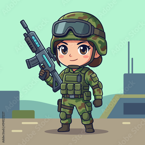 An animated soldier in camouflage gear, holding a rifle, embodies bravery and action. This character represents heroism and determination in a playful artistic style.