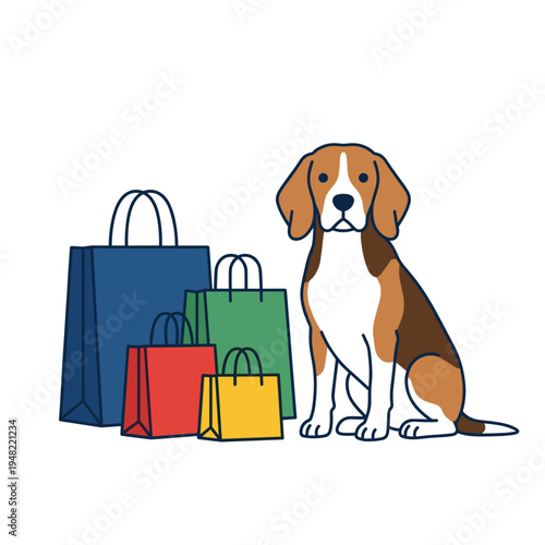 Beagle dog sitting beside colorful shopping bags waiting for owner retail shopping concept