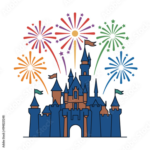 Colorful fireworks exploding above fantasy amusement park castle night celebration theme park concept