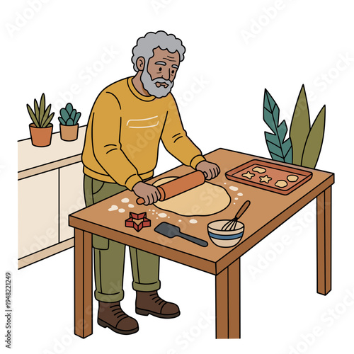 Senior man rolling dough with rolling pin preparing homemade cookies in cozy kitchen baking hobby concept