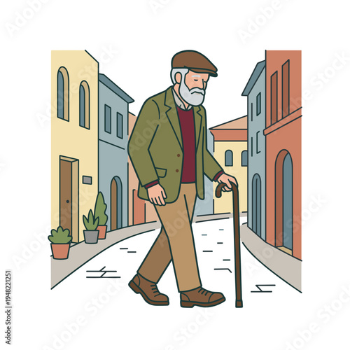 Senior man walking with cane along quiet old town street independent aging lifestyle concept