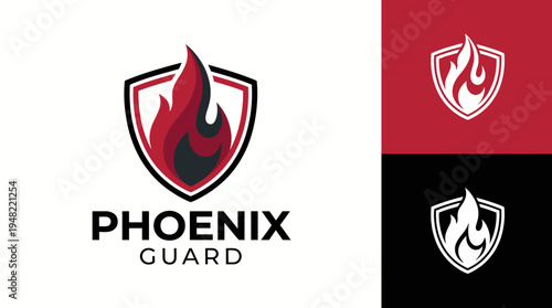 A striking logo design for Phoenix Guard featuring a shield and flames, symbolizing protection and strength, suitable for security services or branding.