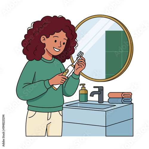 Smiling young woman holding electric toothbrush near bathroom sink daily oral hygiene routine concept