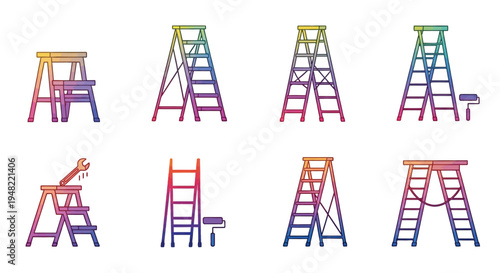 Colorful illustration of various ladders and related tools on white background