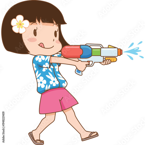 This image features a cheerful child aiming a water gun while dressed in summer attire, capturing the essence of childhood joy, playfulness, and carefree summer fun.