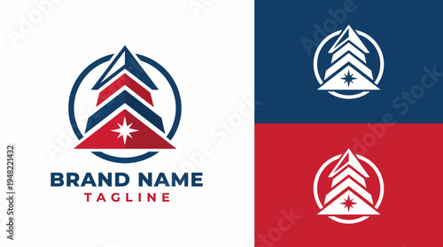A stylized logo featuring triangular mountains, combined with a star, representing exploration and adventure, suitable for outdoor brands and travel companies.