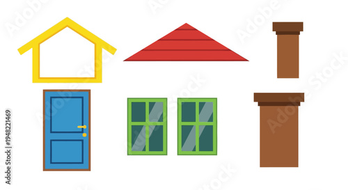 Simple house components roof door windows and chimney elements