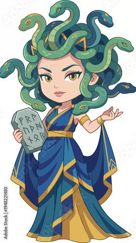 This eye-catching image features a mythological character with snakes for hair, representing ancient stories and legends, perfect for fantasy design projects.