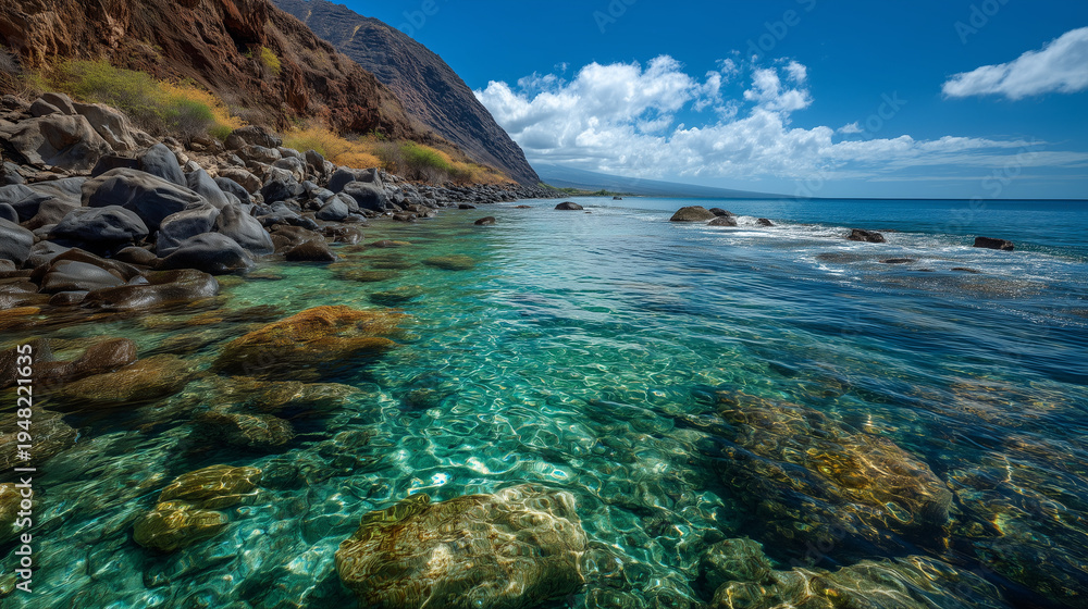 Fototapeta premium Crystal clear water rocky shore mountain range landscape vibrant blue skies