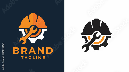 This logo design features a construction helmet and a wrench, symbolizing the tools of the trade in construction and engineering, representing strength and reliability in the industry.