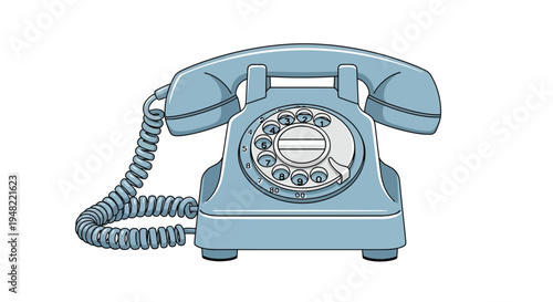A vintage blue rotary dial telephone with a coiled cord is shown