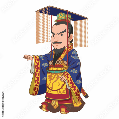 This image features a stylized character dressed in elaborate regal attire, symbolizing authority and prestige, complete with traditional accessories that enhance the character's presence.