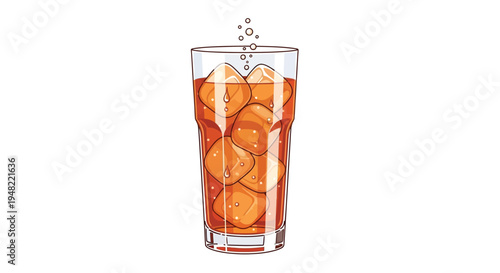 A tall glass filled with ice and a golden colored beverage