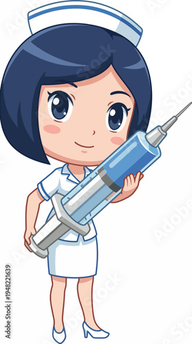 The image illustrates a charming cartoon nurse with a syringe, embodying care and health. It portrays a friendly and approachable representation of healthcare professionals.