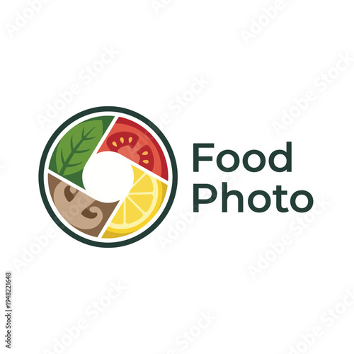 This logo incorporates various food items in a circular design, representing a photography service specializing in capturing the essence and beauty of food for culinary art.