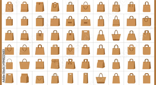 Collection of brown paper shopping bags in varying shapes and sizes