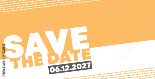 Modern Save The Date Vector Banner with Bold Diagonal Typography and Wavy Line Accents