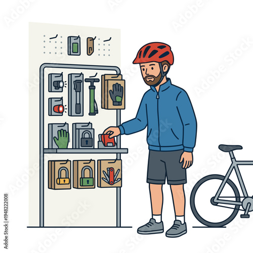 Cyclist wearing helmet choosing bicycle accessories in shop active lifestyle cycling equipment concept