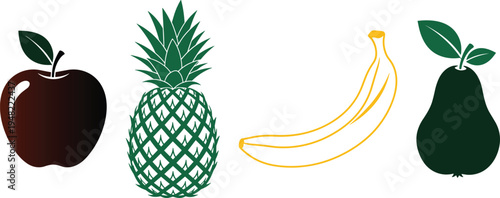 Minimal fruit icon collection with apple pineapple banana pear flat vector illustration for healthy food design packaging menu branding